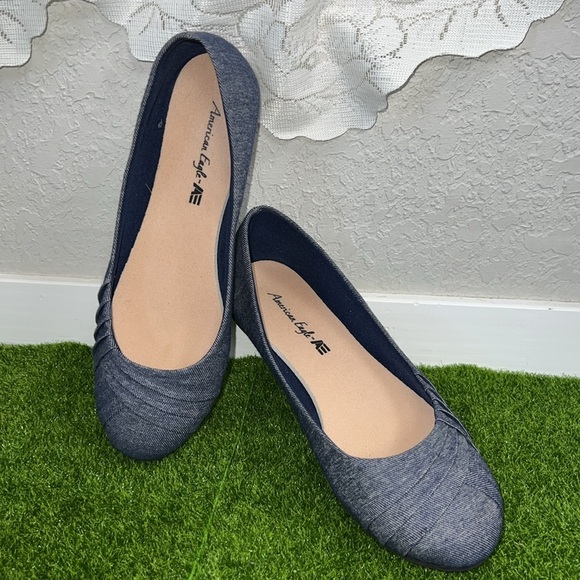 American Eagle Denim Twist Toe Preppy Casual Ballet Office Flats - Picture 2 of 10